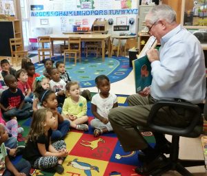 Coweta County Sheriff Mike Yeager reads to Pre-Kindergarten students in teacher Pam Sandlin’s pre-k class. 