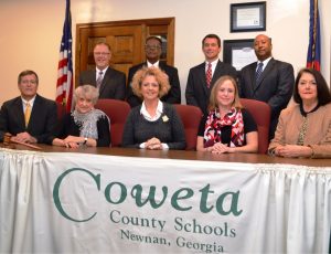 The Coweta County Board of Education has received Exemplary Board designation for the second year in a row by the Georgia School Boards Association (GSBA). It is the highest level of recognition for school boards offered by the organization.  The Board was recognized with the distinction at GSBA’s 2016 annual conference in Atlanta on Friday. Coweta County Board of Education members include, above, left to right, Chairman Frank Farmer, Sue Brown, Amy Dees, Beth Barnett and Linda Menk; second row, Larry Robertson, Winston Dowdell, Superintendent Steve Barker and Assistant Superintendent Marc Guy.